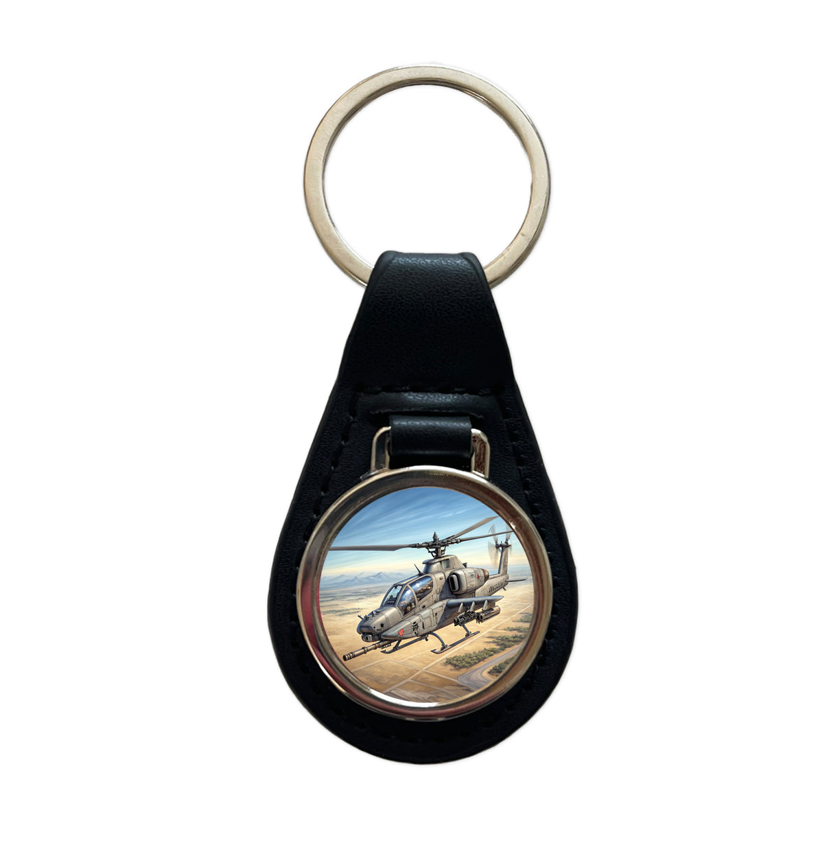 Military Gunship Helicopter In Flight Black Leather Metal Keychain
