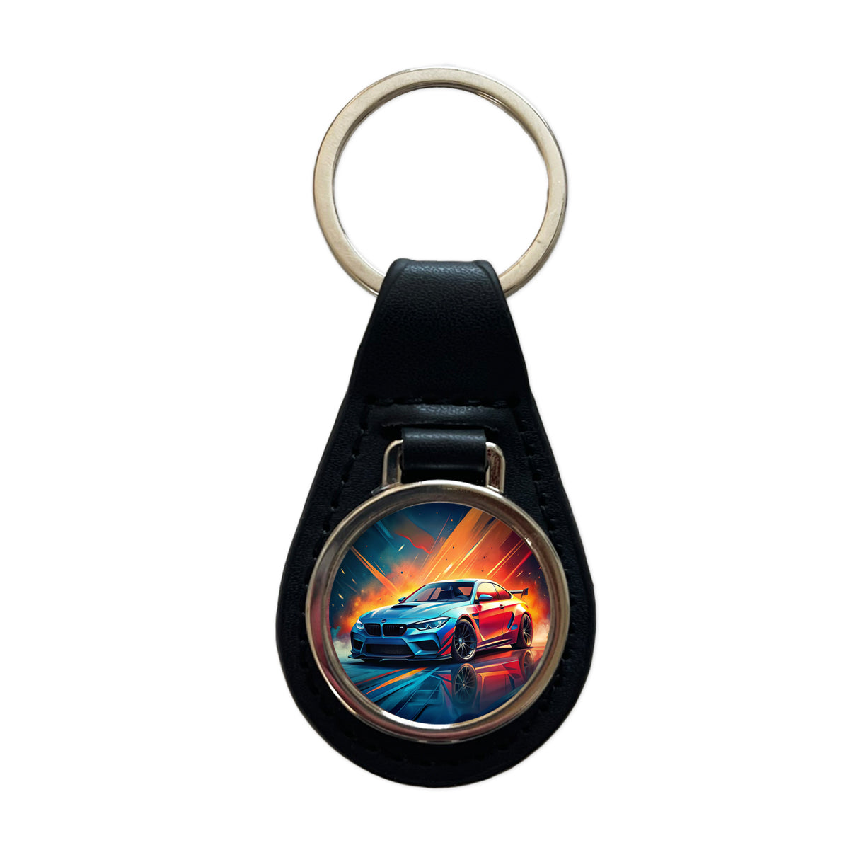 Modern German Muscle Tuner Car Art Black Leather Metal Keychain