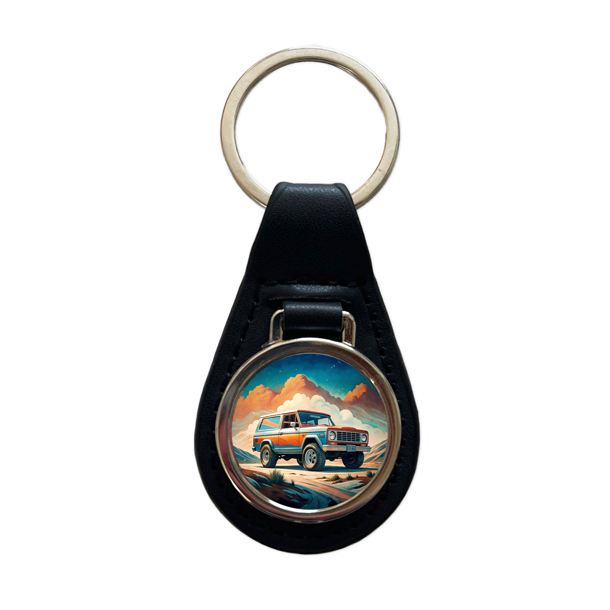 Retro Classic Off-Road Truck Art Black Leather Metal Keychain