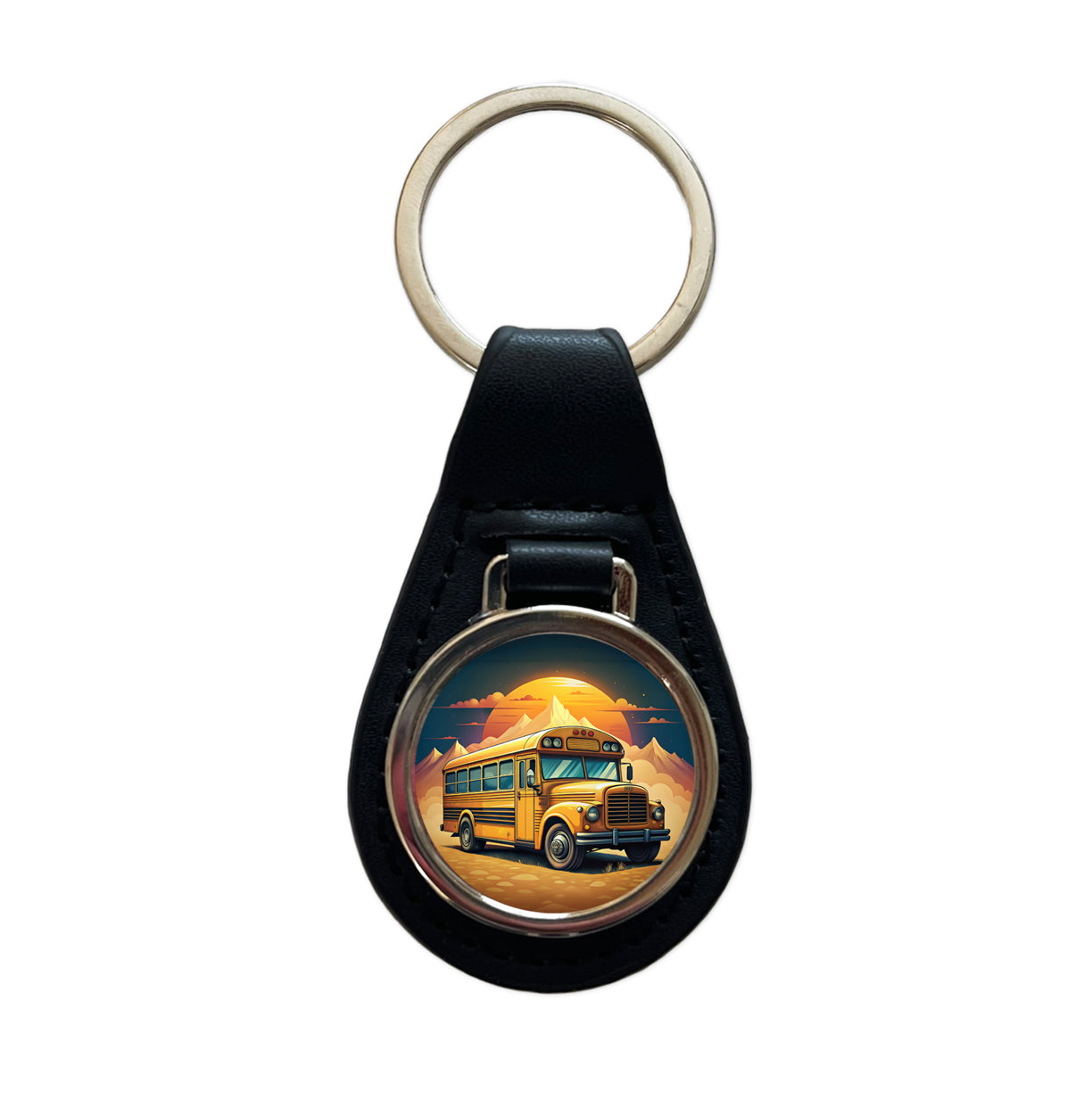 Retro Classic School Bus Black Leather Metal Keychain