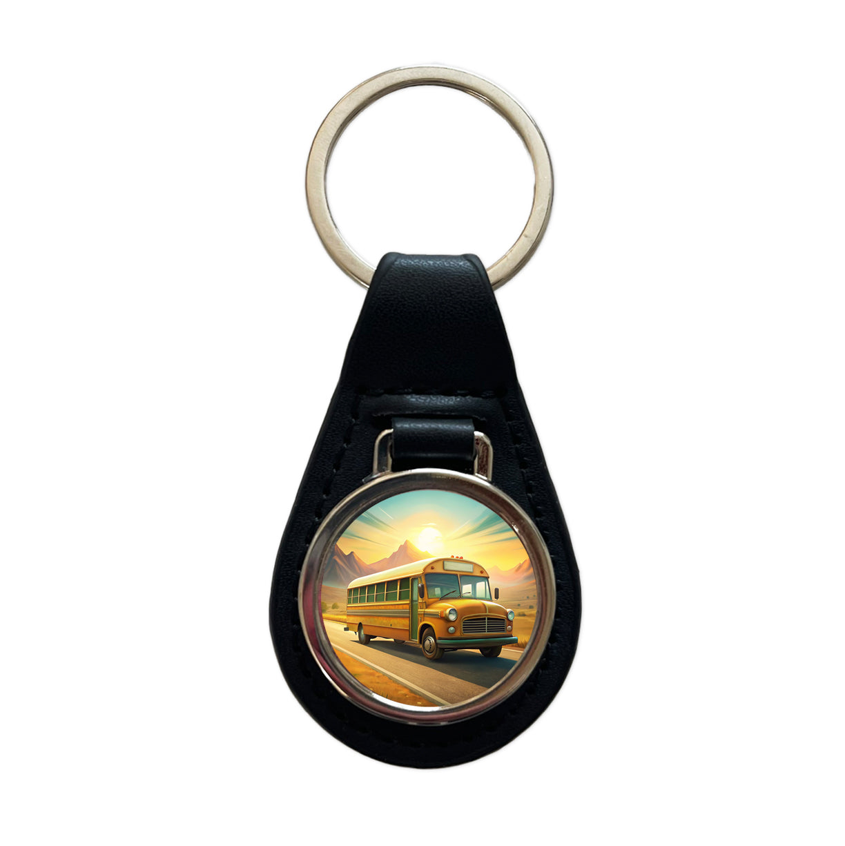 Retro School Bus On Road Black Leather Metal Keychain