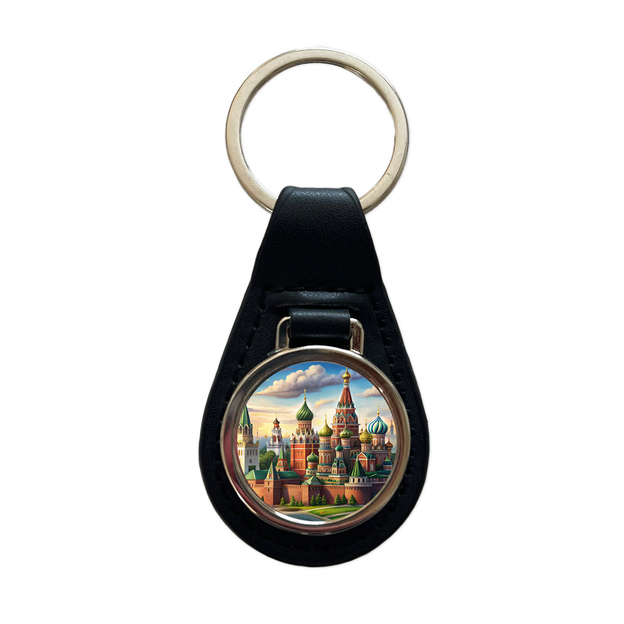 Russian Kremlin Moscow Russia Black Leather Metal Keychain