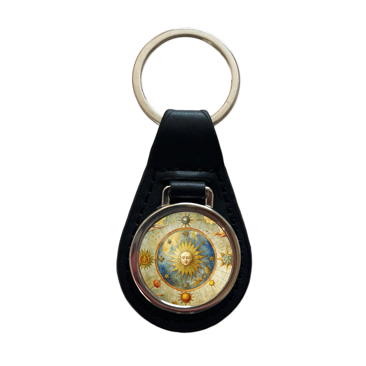 Vintage Sun Moon Celestial Map Black Leather Metal Keychain