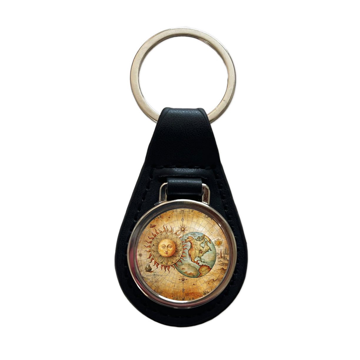 Vintage Sun Moon Map Black Leather Metal Keychain