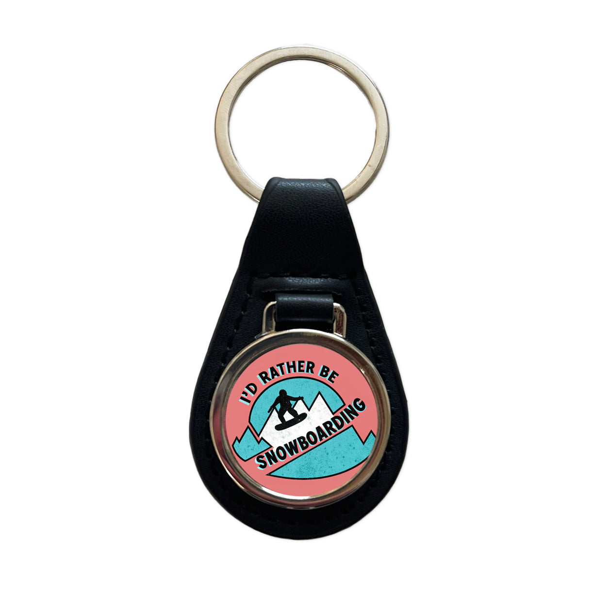 I'd Rather Be Snow Boarding Black Leather Metal Keychain