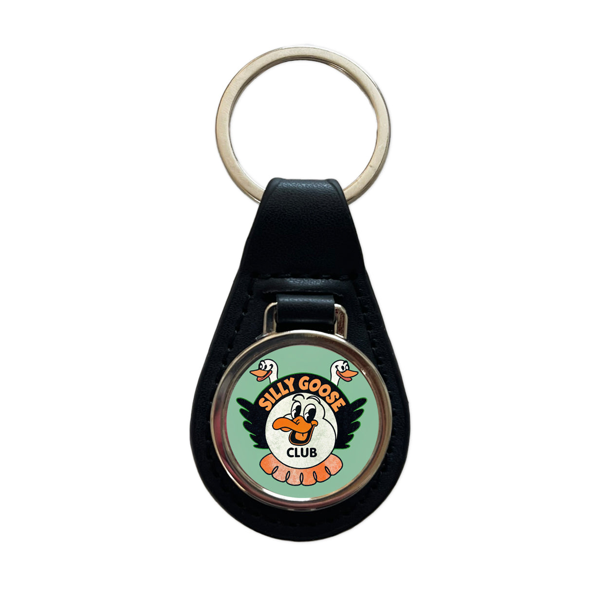 Silly Goose Club Black Leather Metal Keychain