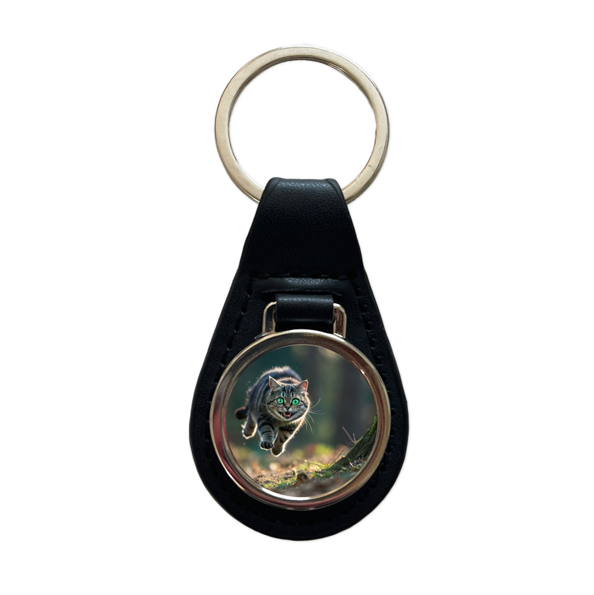 Cat Leaping Green Eyes Funny Black Leather Metal Keychain