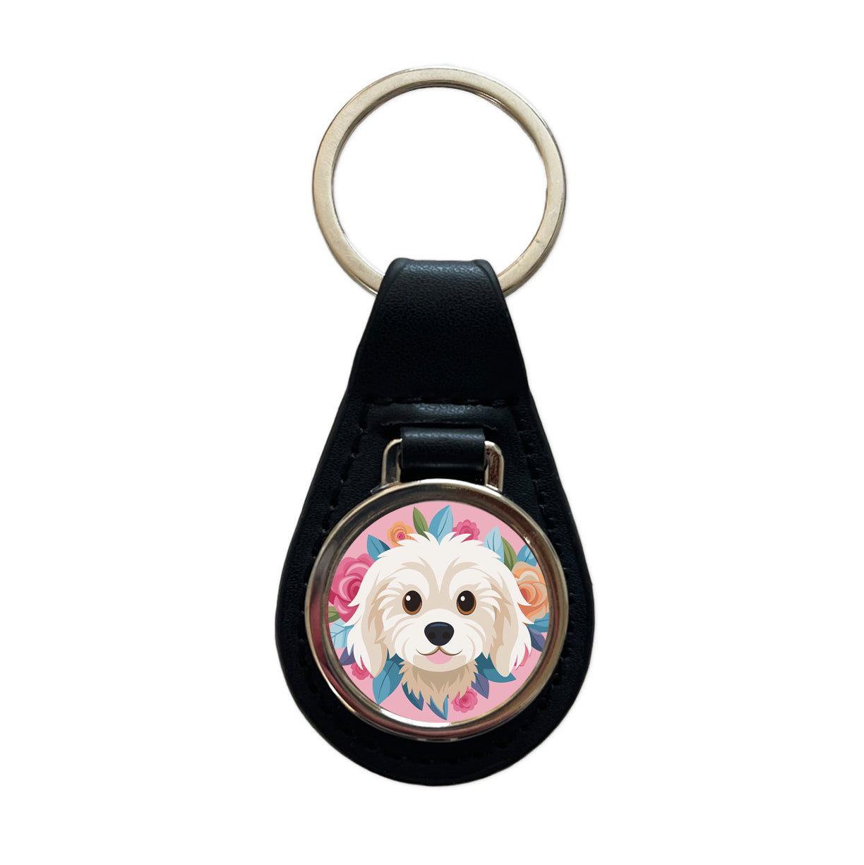 Cavachon Head Dog Floral Motif Pink Background Black Leather Metal Keychain