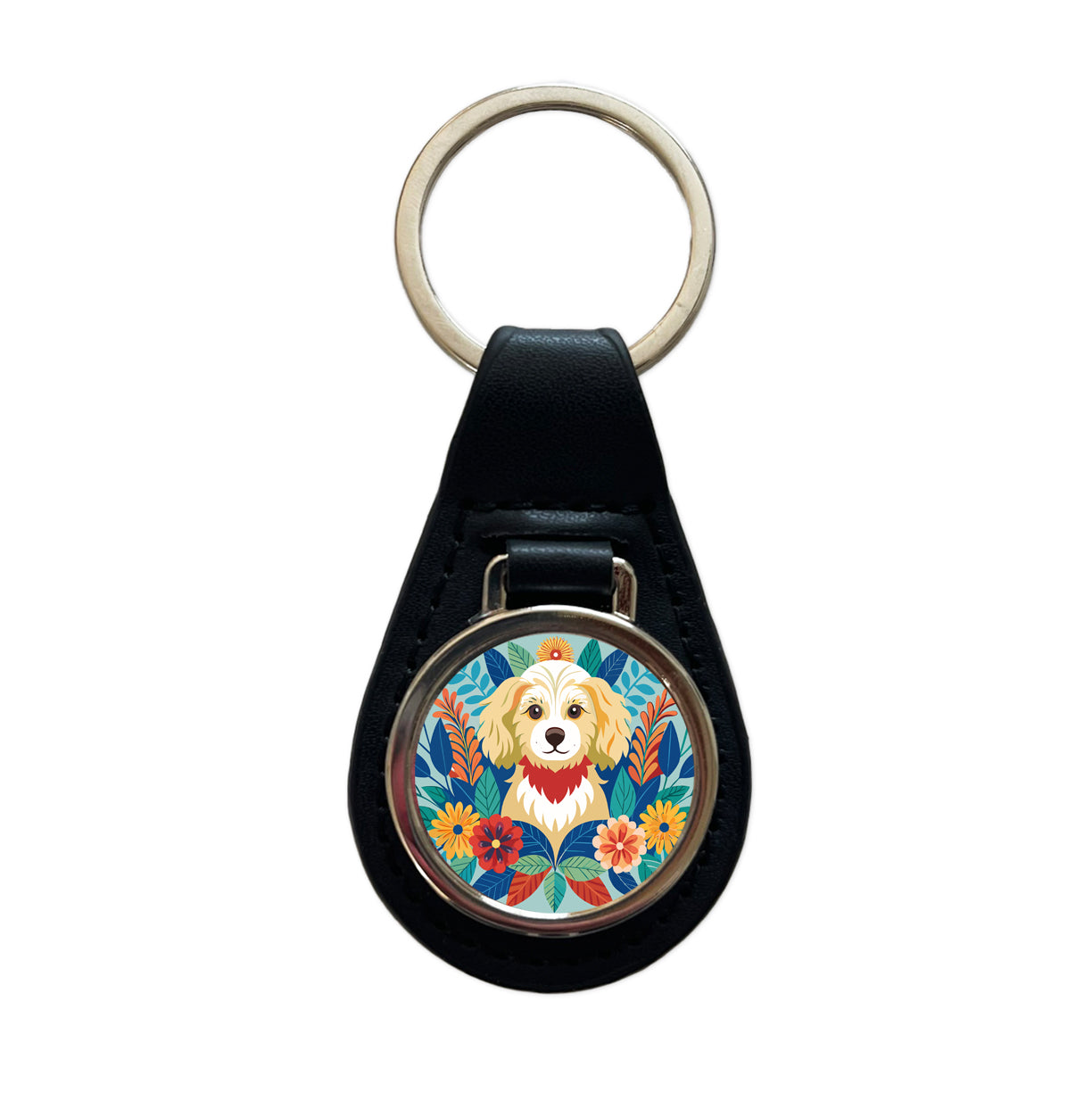 Cavapoo Floral Motif Dog Blue Black Leather Metal Keychain