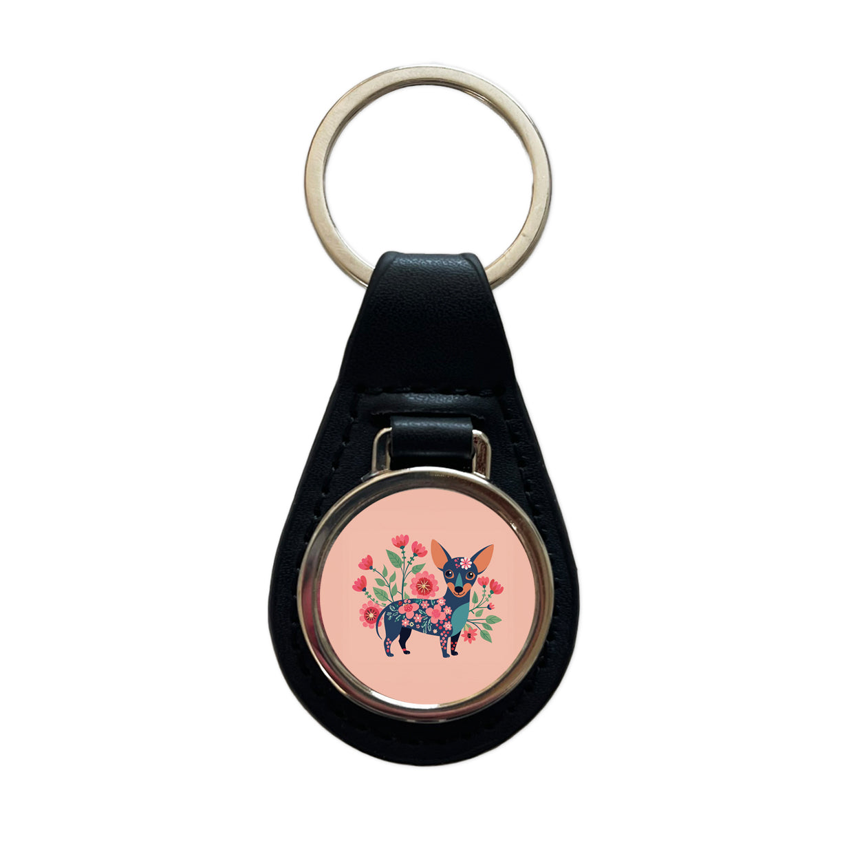 Chiweenie Floral Motif Pink Cute Dog Black Leather Metal Keychain