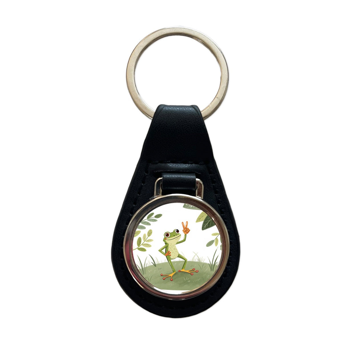 Frog Peace Sign Drawing Funny Black Leather Metal Keychain