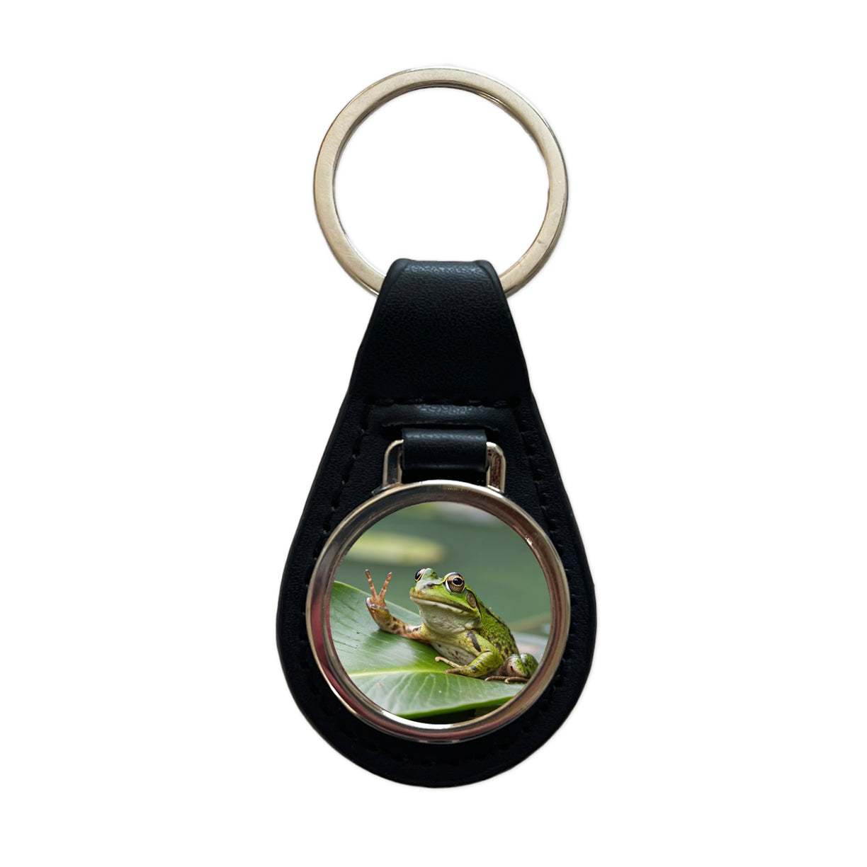 Frog Peace Sign Funny Black Leather Metal Keychain