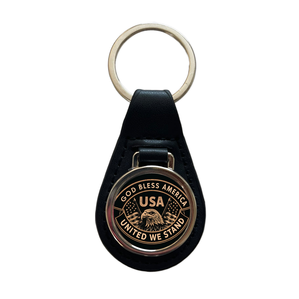 God Bless America Black Tan USA United States Black Leather Metal Keychain