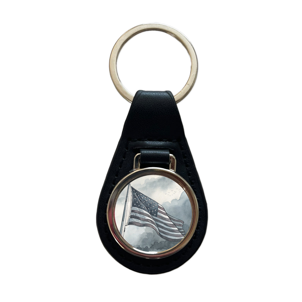 Gray American Flag Watercolor USA United States Black Leather Metal Keychain