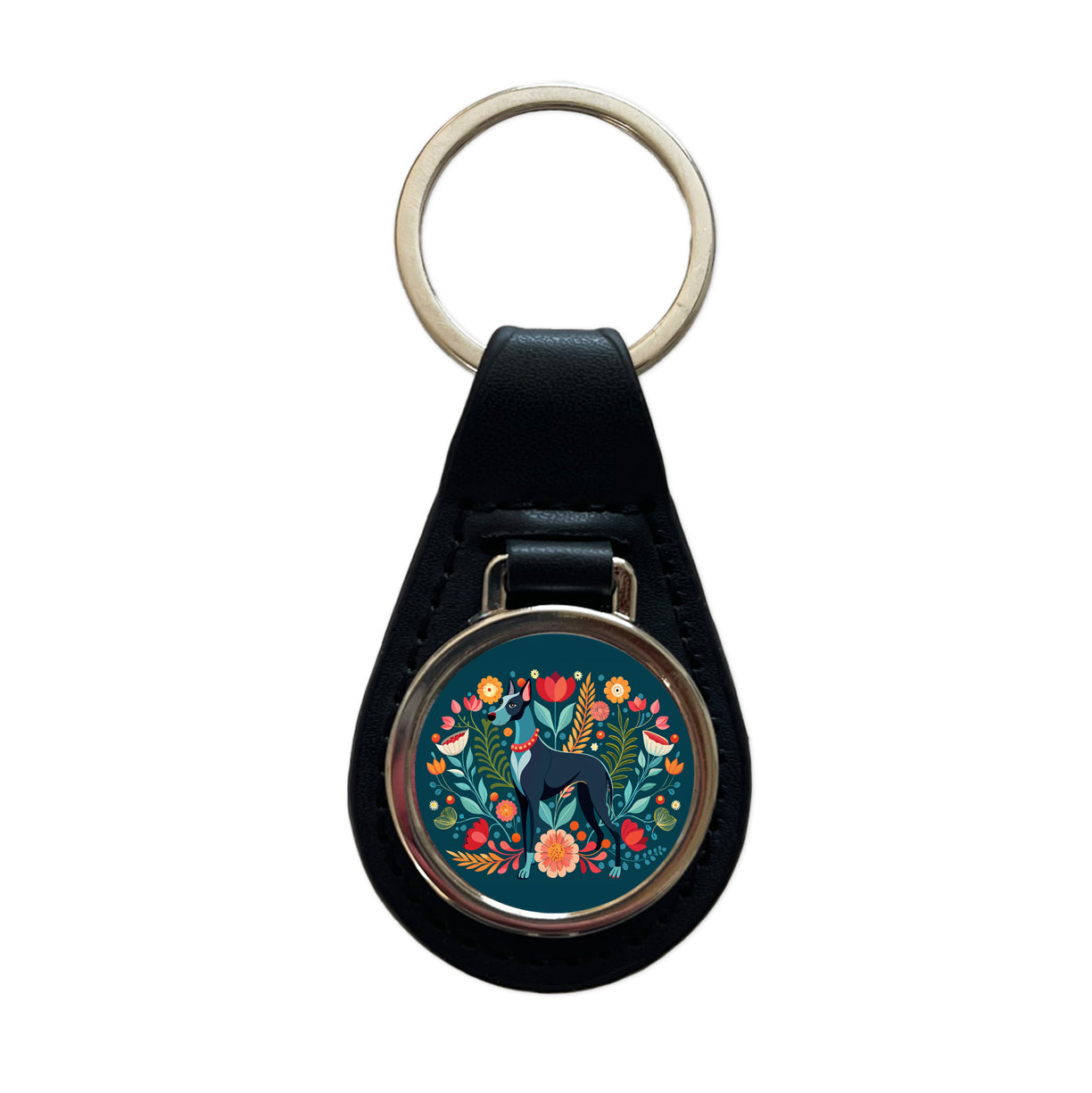 Great Dane Floral Motif Dog Black Leather Metal Keychain