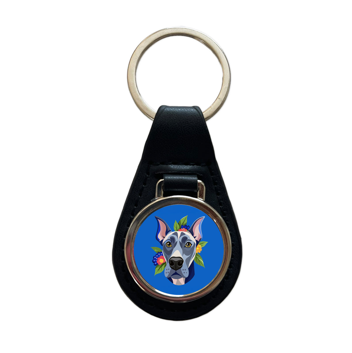 Great Dane Head Floral Motif Blue Dog Black Leather Metal Keychain