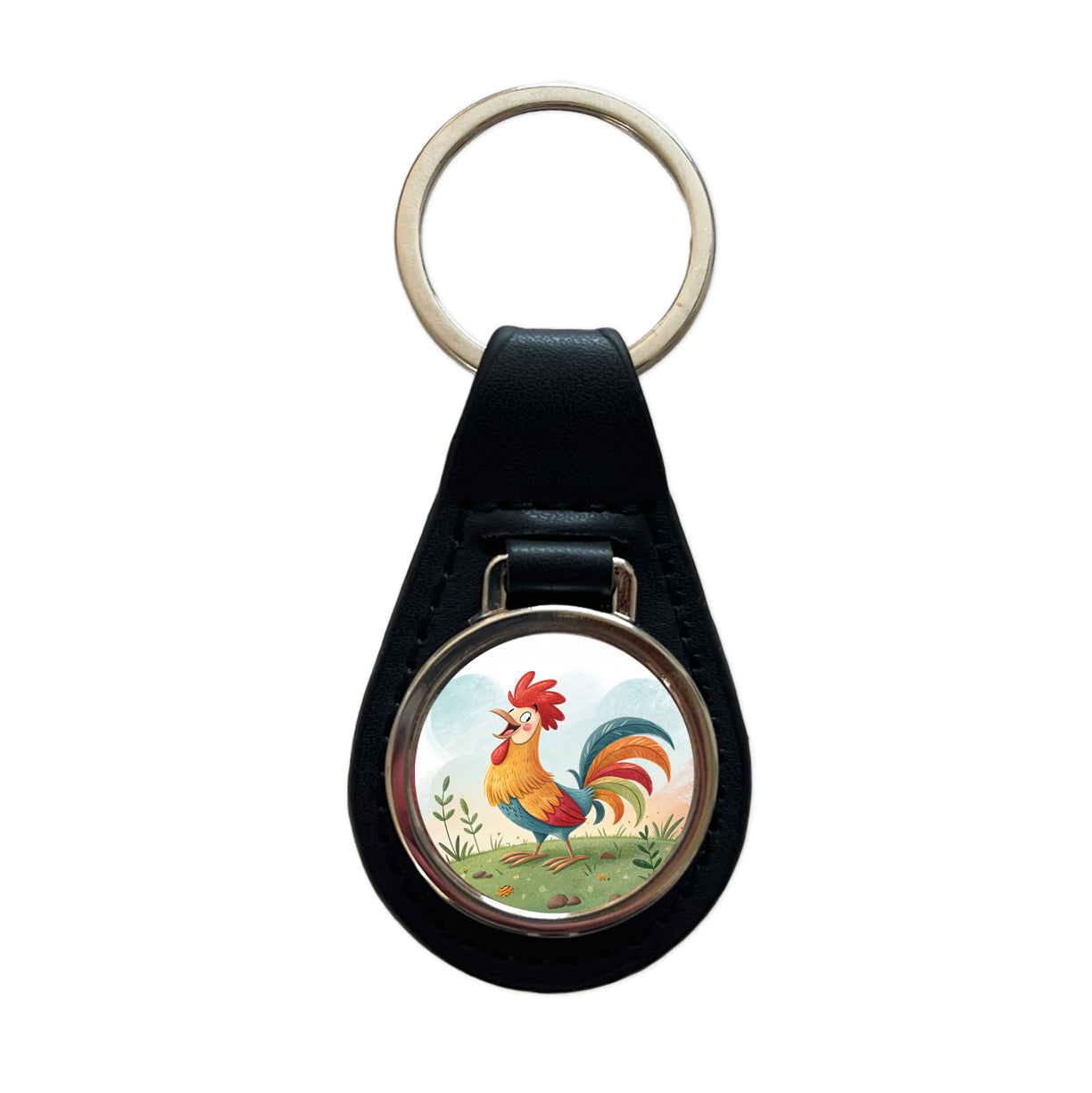 Happy Rooster Black Leather Metal Keychain