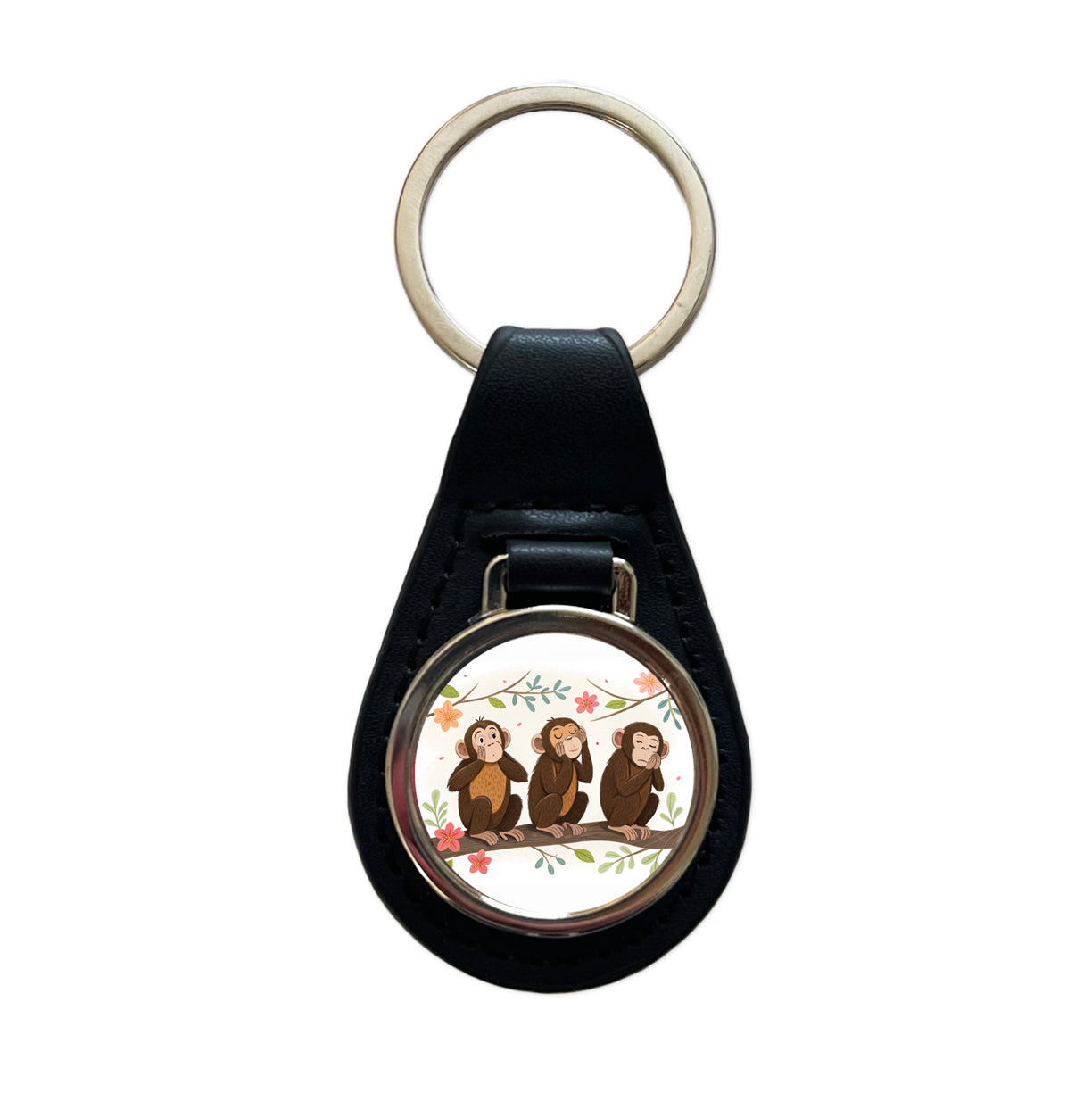 Hear Speak See No Evil Black Leather Metal Keychain