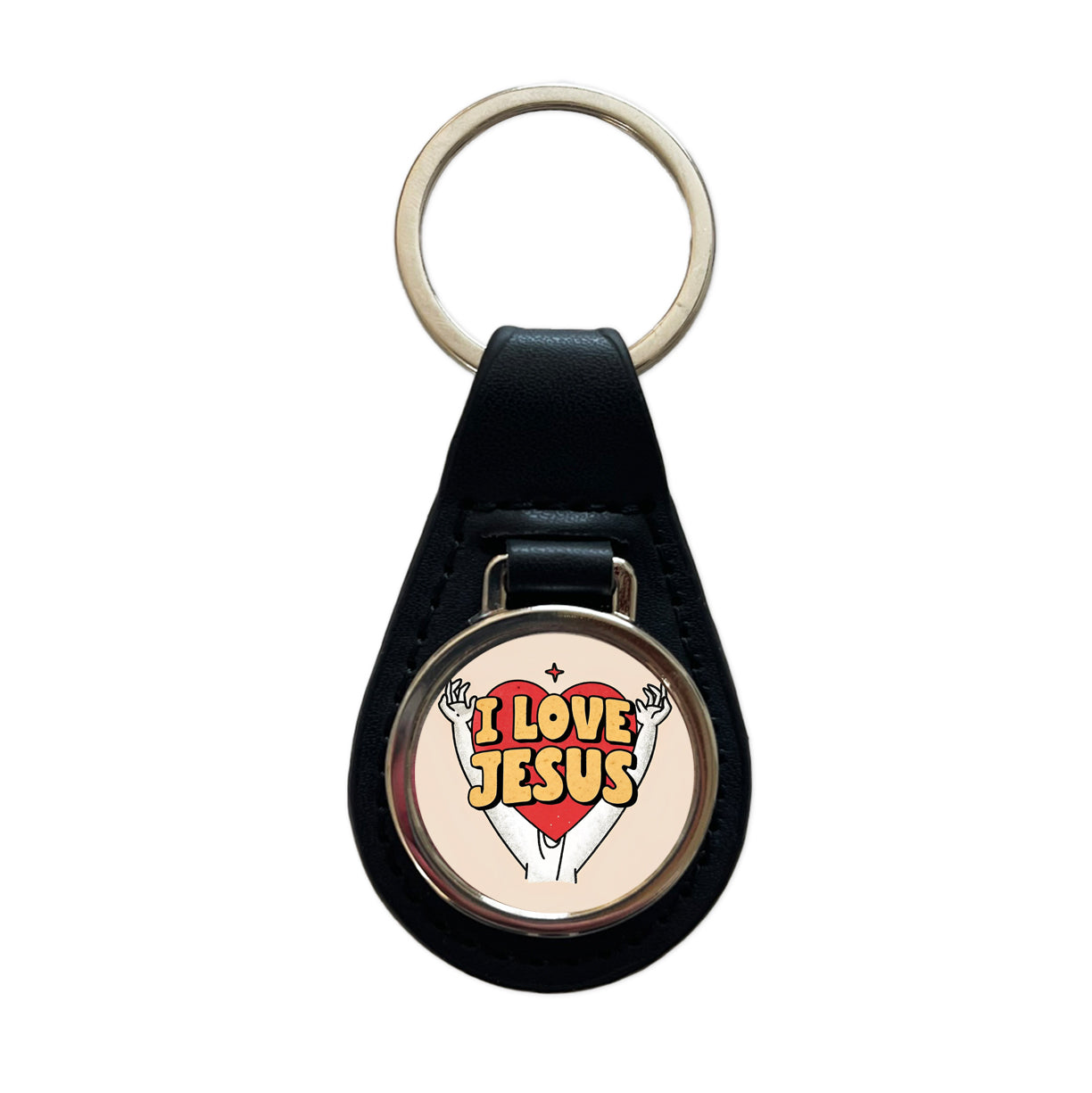 I Love Jesus Black Leather Metal Keychain