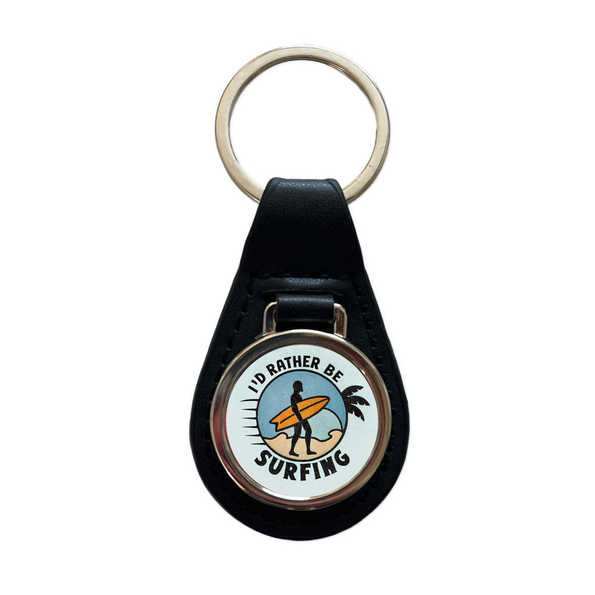 I'd Rather Be Surfing Black Leather Metal Keychain