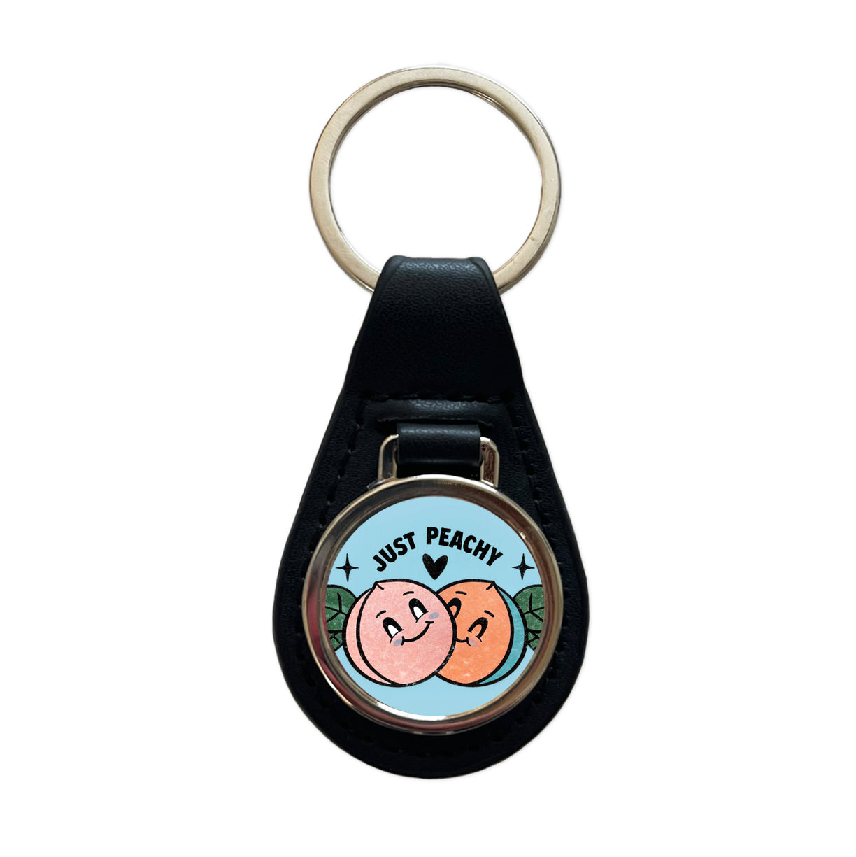 Just Peachy Adorable Black Leather Metal Keychain