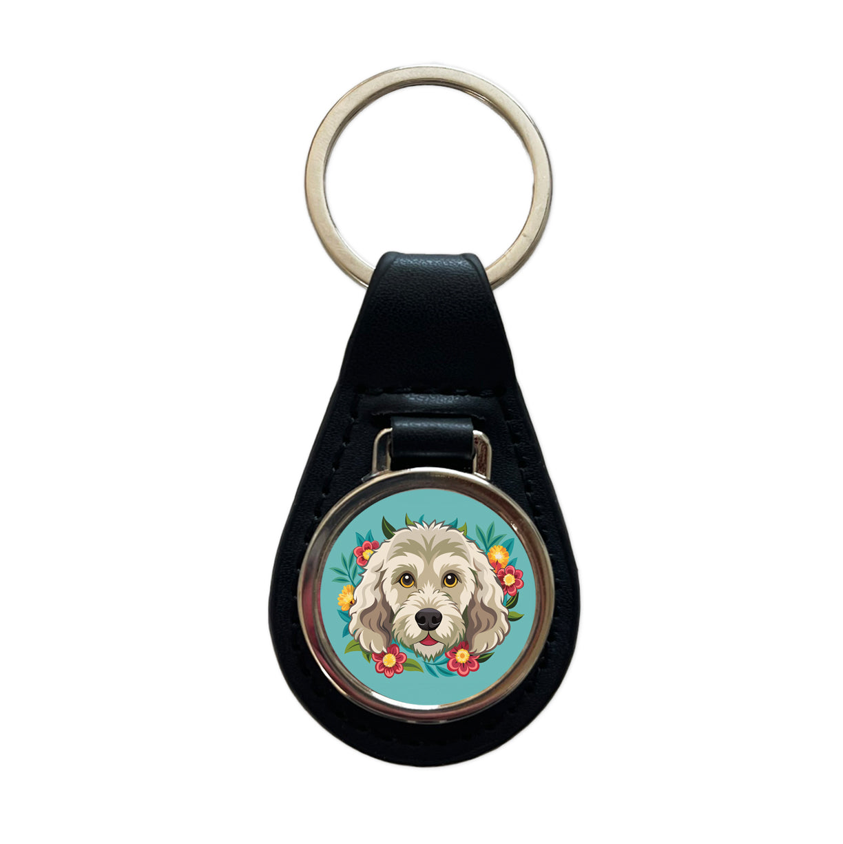 Labradoodle Head Floral Motif Dog Black Leather Metal Keychain