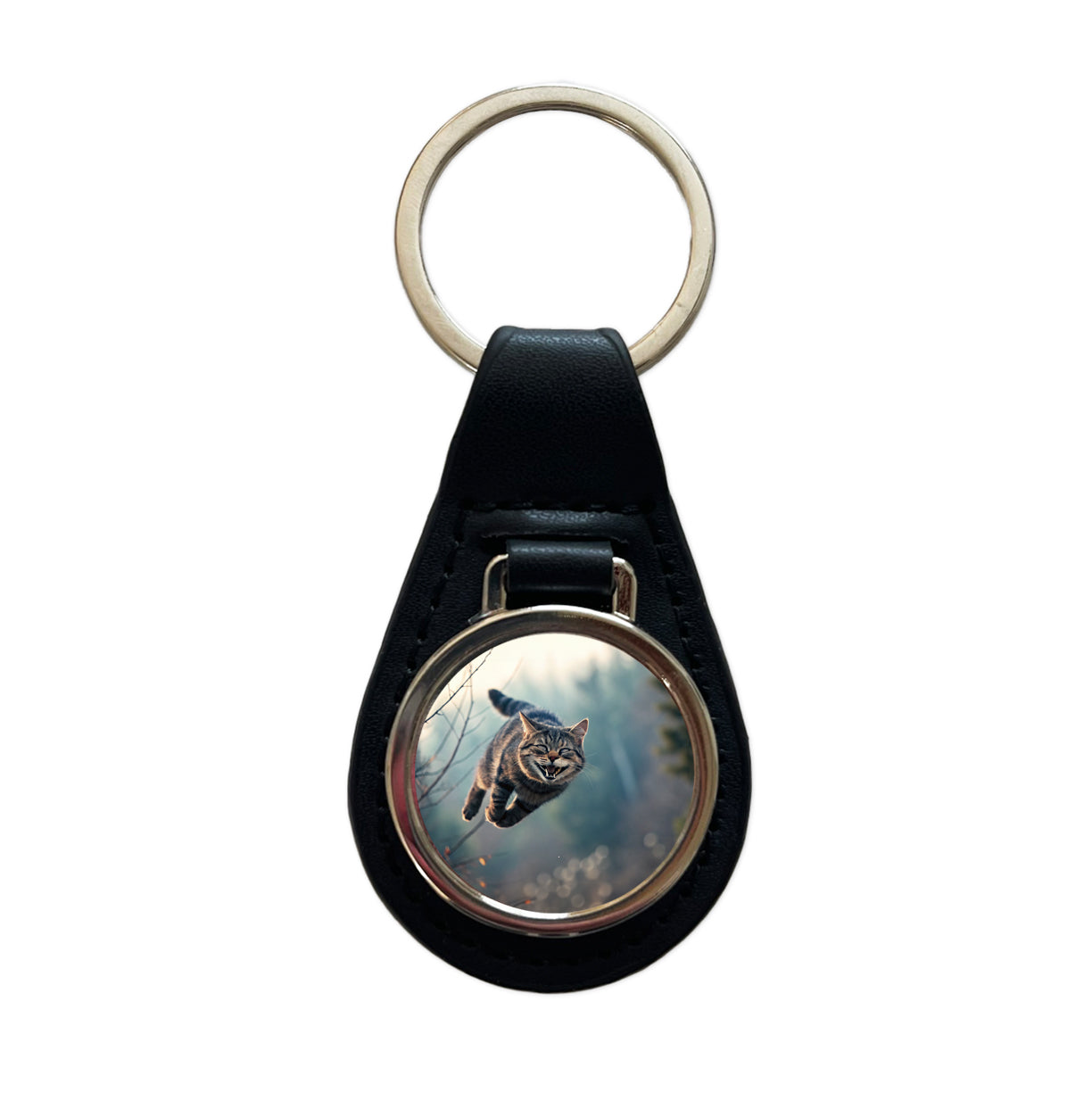 Leaping Funny Cat Grinning Black Leather Metal Keychain