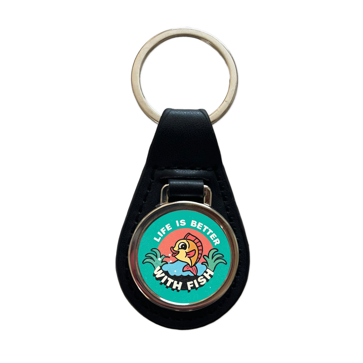 Life Is Better With Fish Fishing Black Leather Metal Keychain