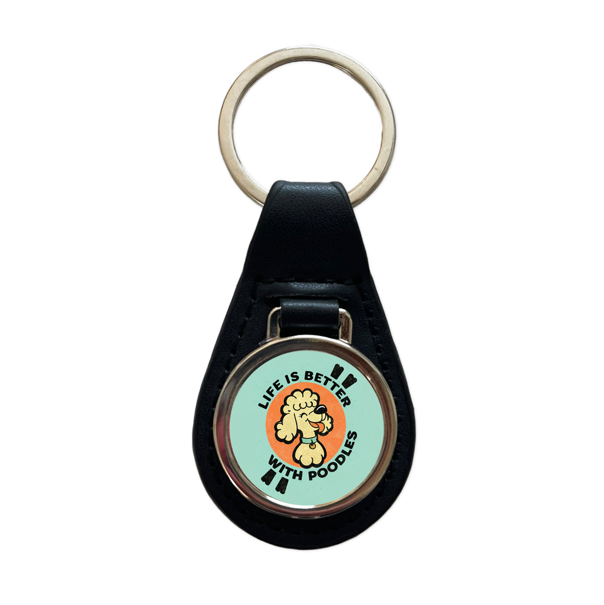 Life Is Better With Poodles Black Leather Metal Keychain