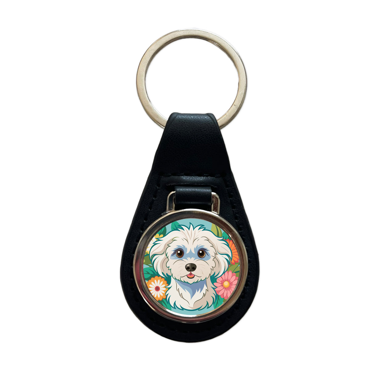 Maltipoo Floral Motif Dog Cute Black Leather Metal Keychain