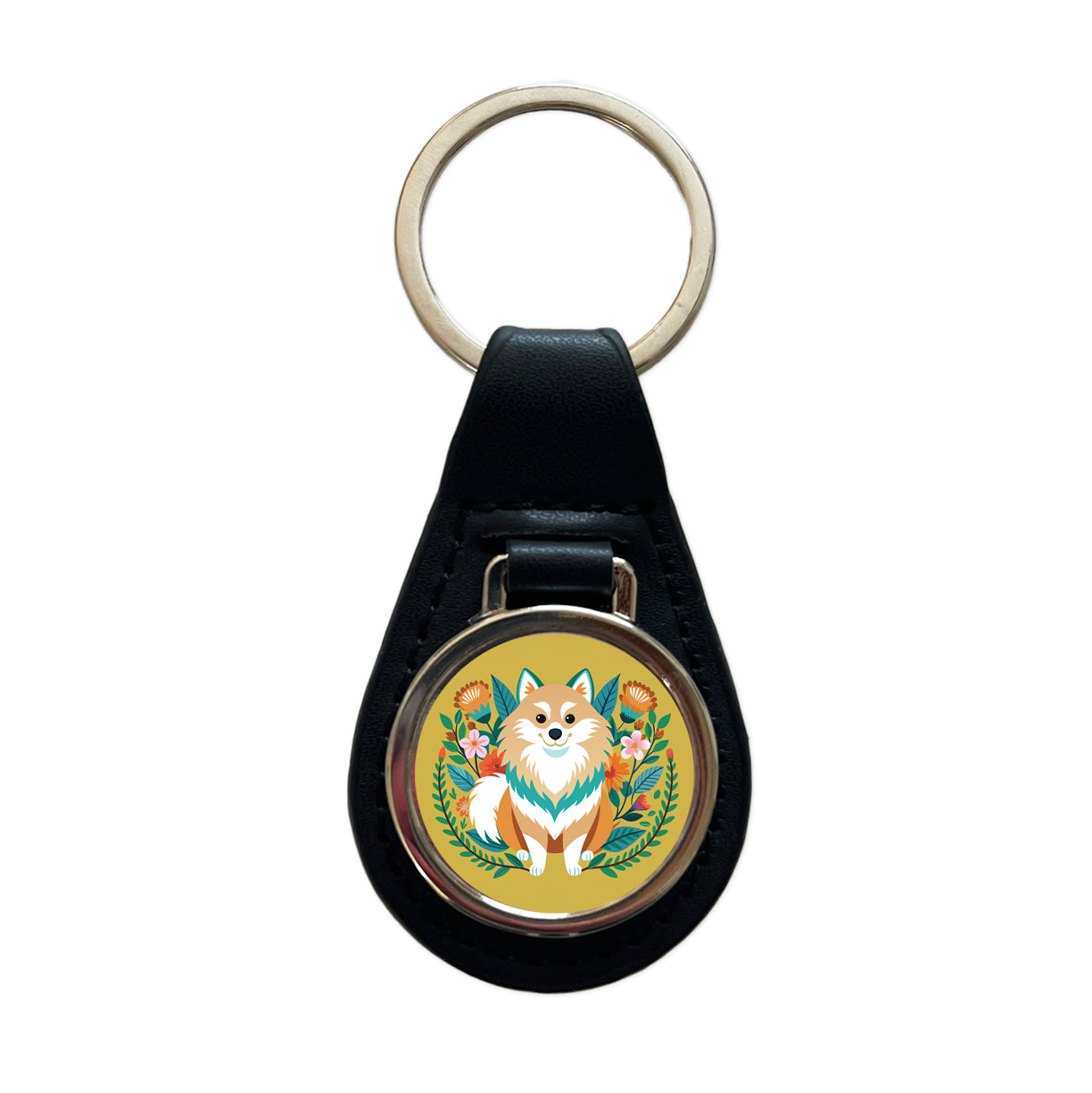 Pomsky Floral Motif Dog Black Leather Metal Keychain