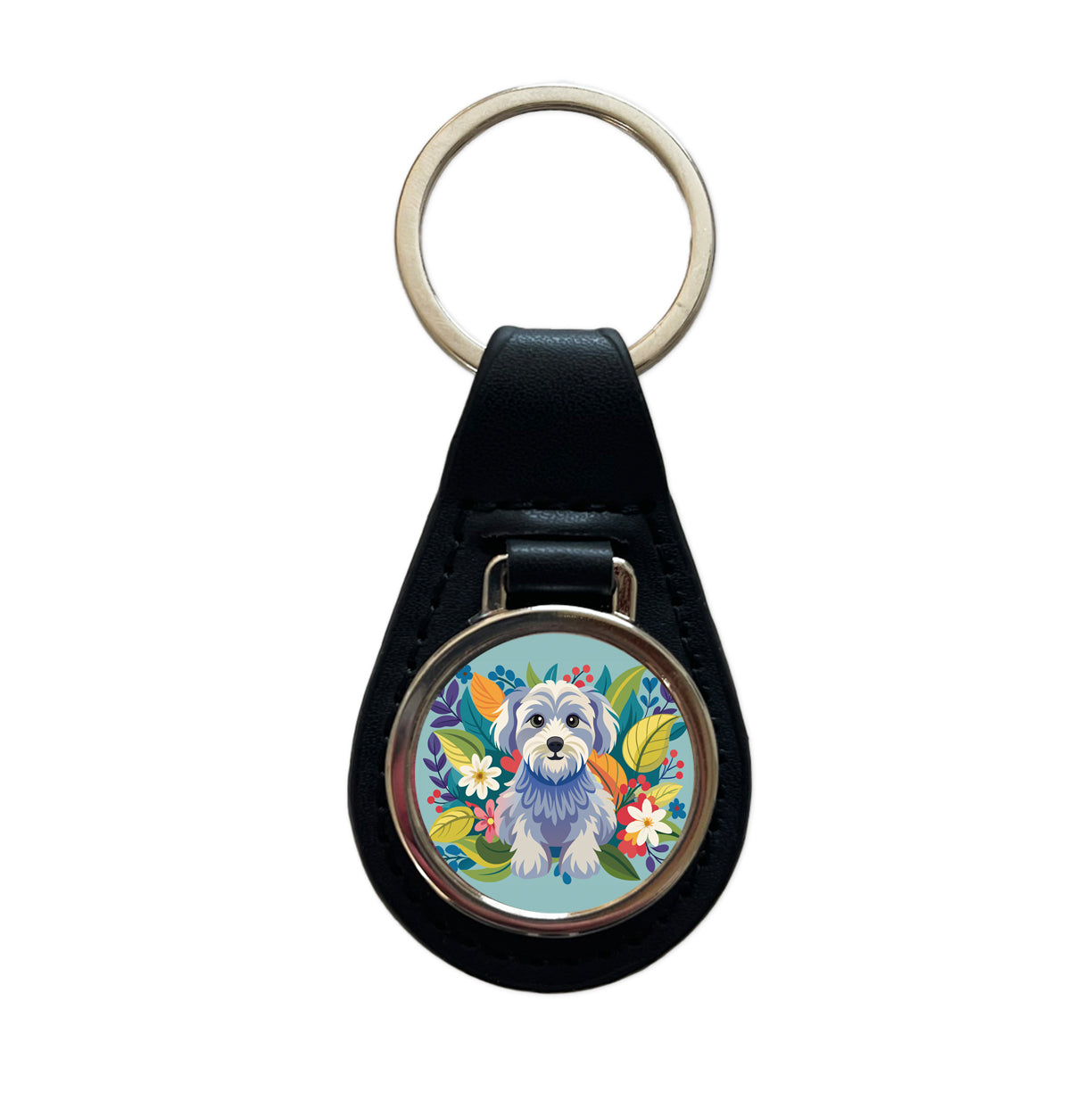 Schnoodle Floral Motif Blue Dog Black Leather Metal Keychain