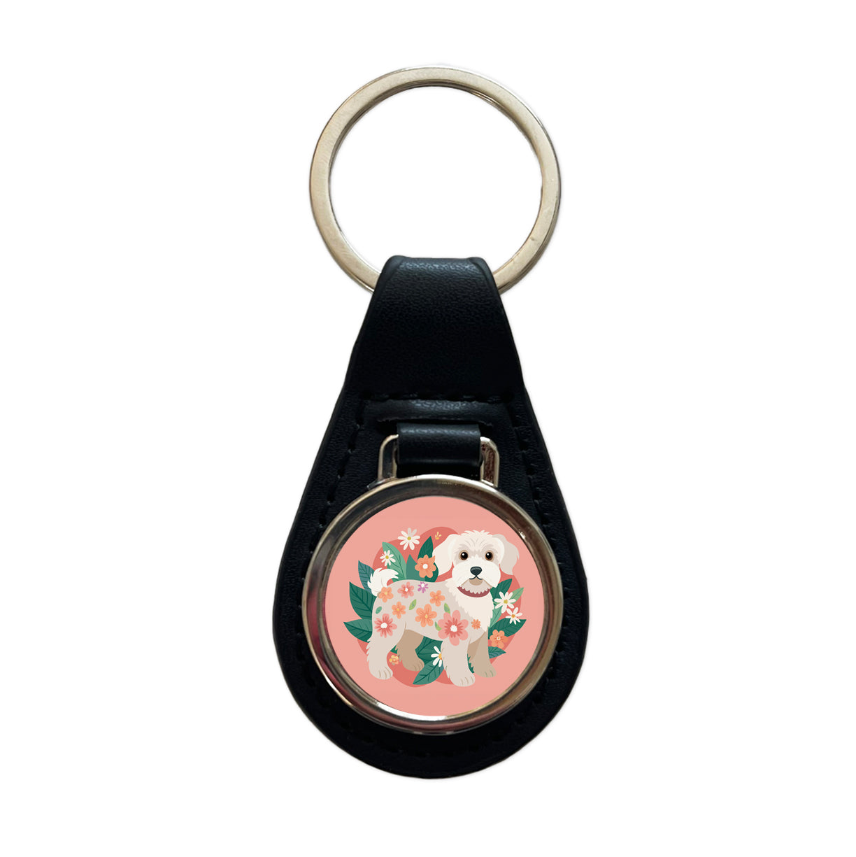 Schnoodle Floral Motif Cute Dog Black Leather Metal Keychain