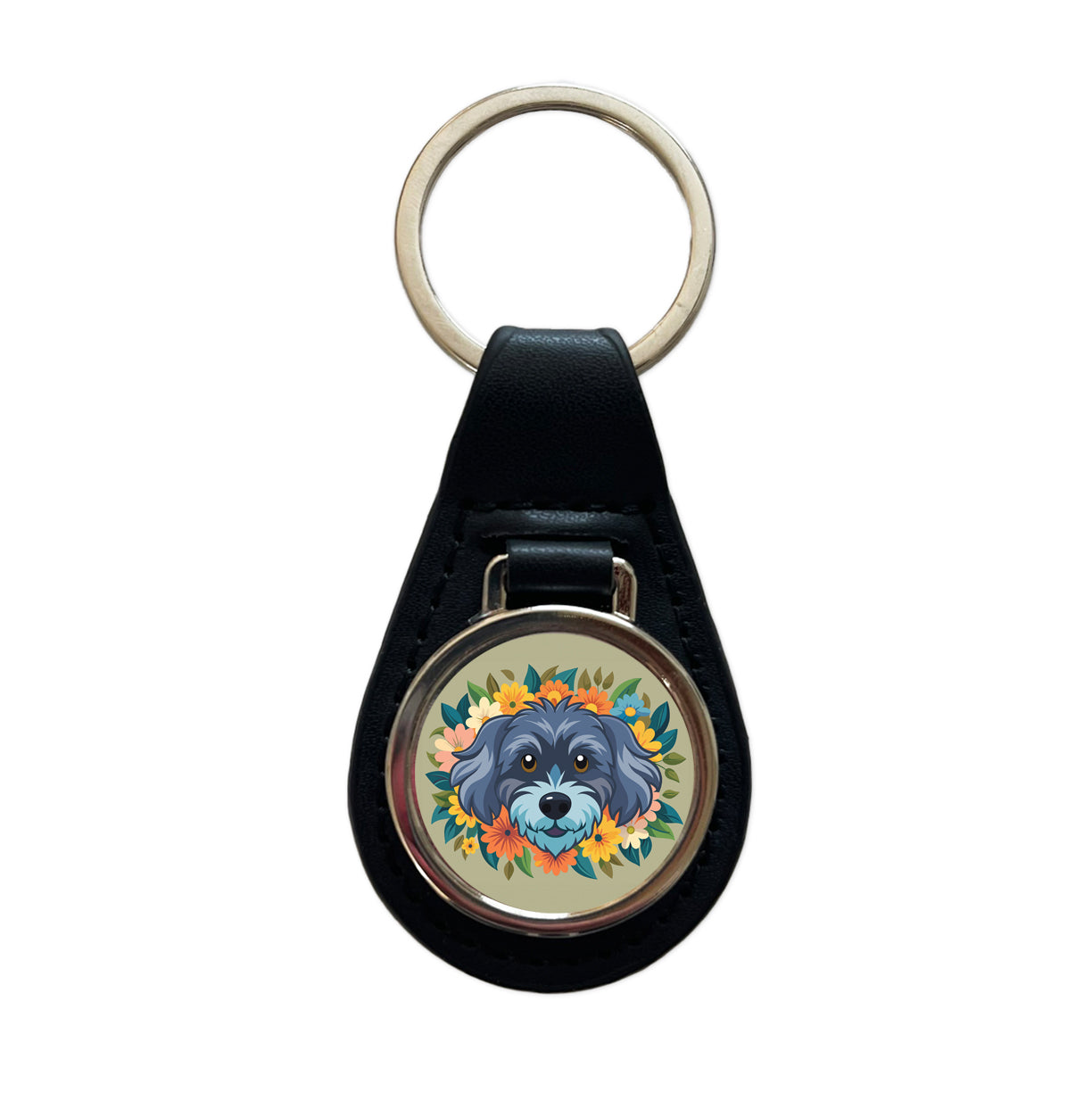 Schnoodle Head Floral Motif Dog Black Leather Metal Keychain