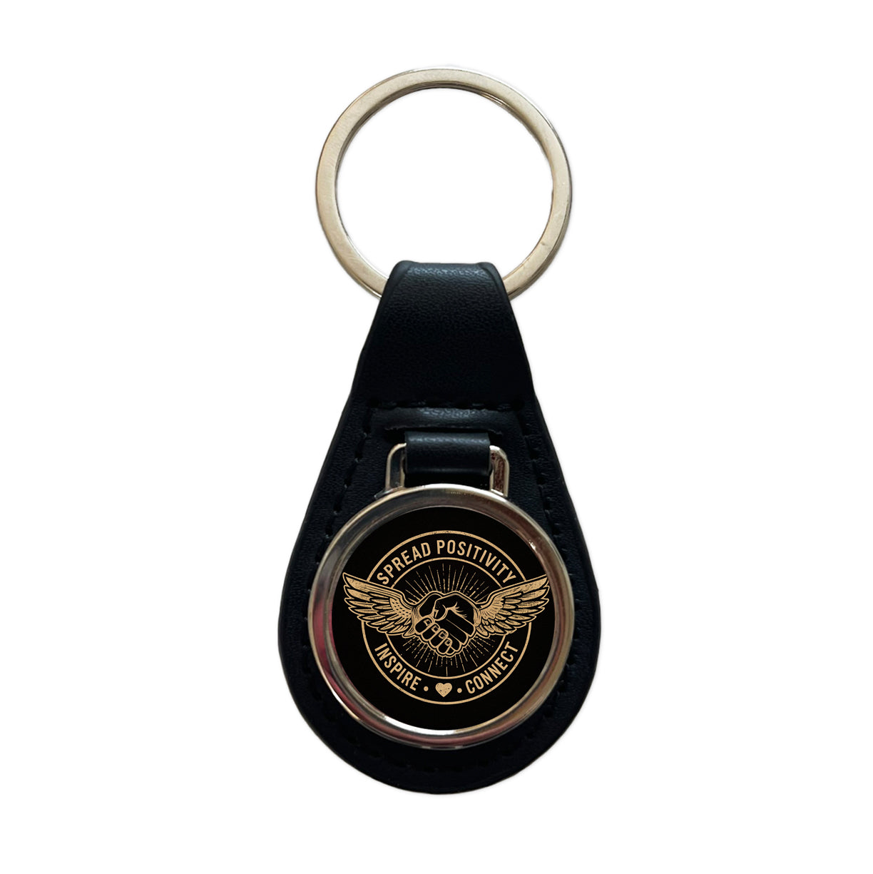 Spread Positivity Black Tan Black Leather Metal Keychain