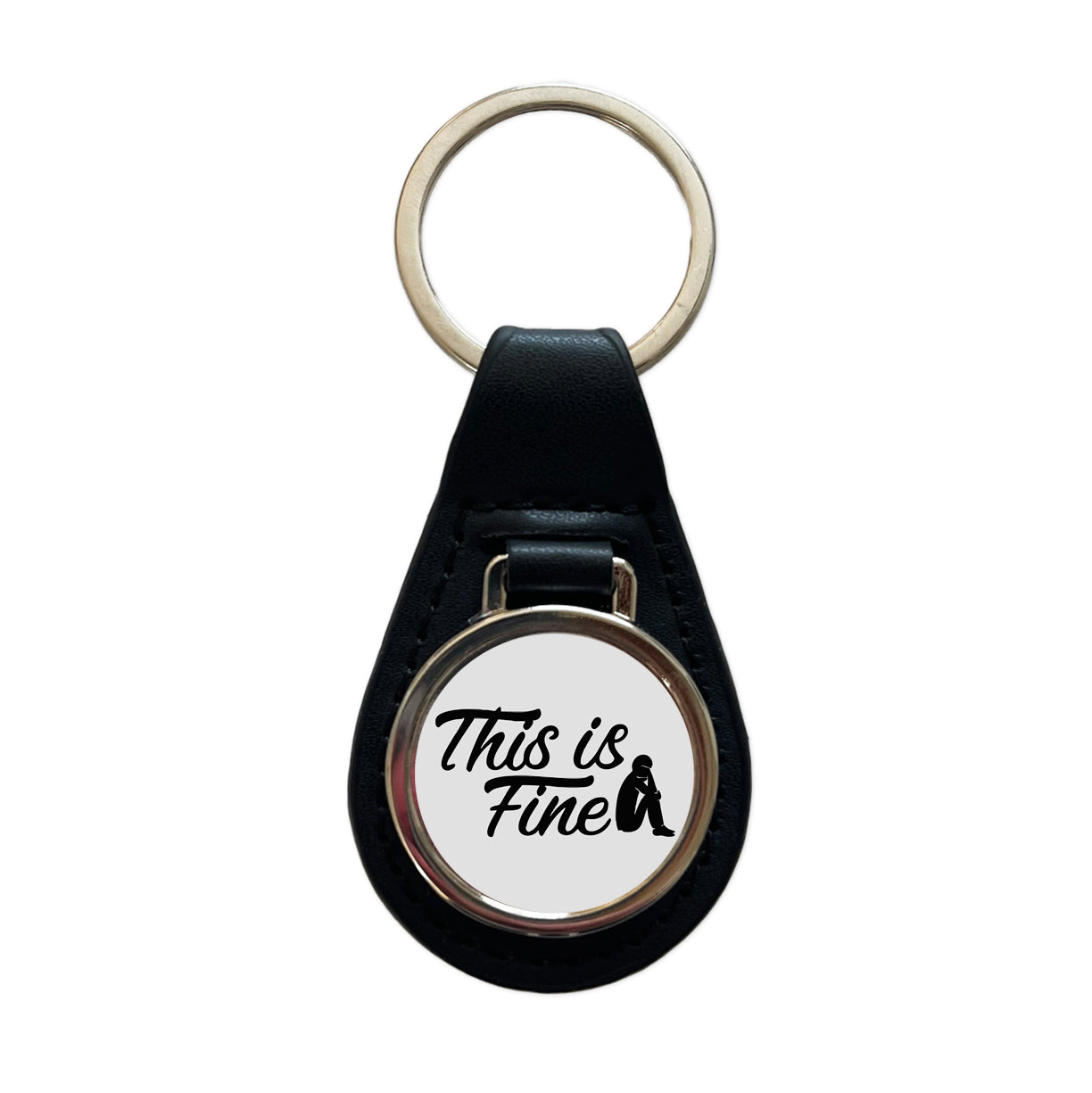 This Is Fine Funny Black Leather Metal Keychain