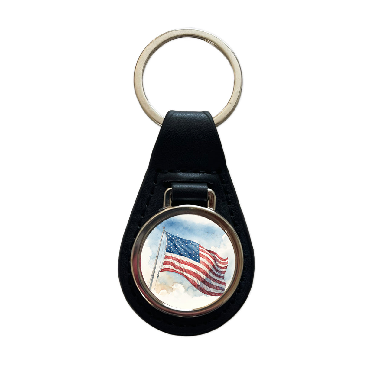 Waving American Flag Watercolor USA United States Black Leather Metal Keychain