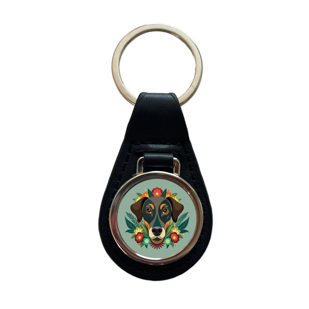 Weimador Head Floral Motif Gray Dog Black Leather Metal Keychain