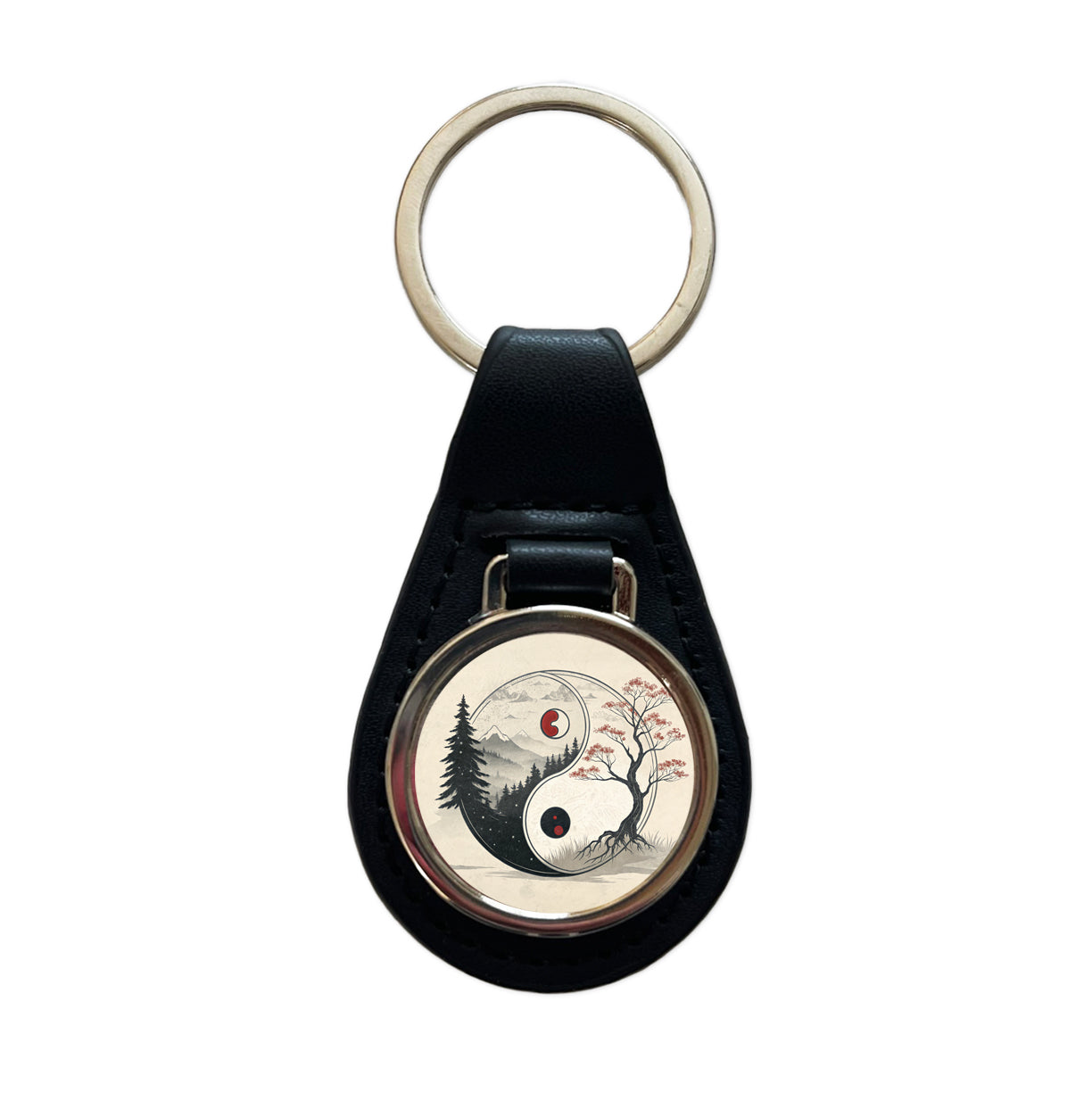 Yin Yang Japanese Cherry Blossoms Black Leather Metal Keychain