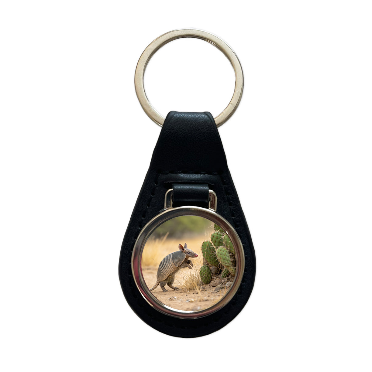 Armadillo In Desert Black Leather Metal Keychain