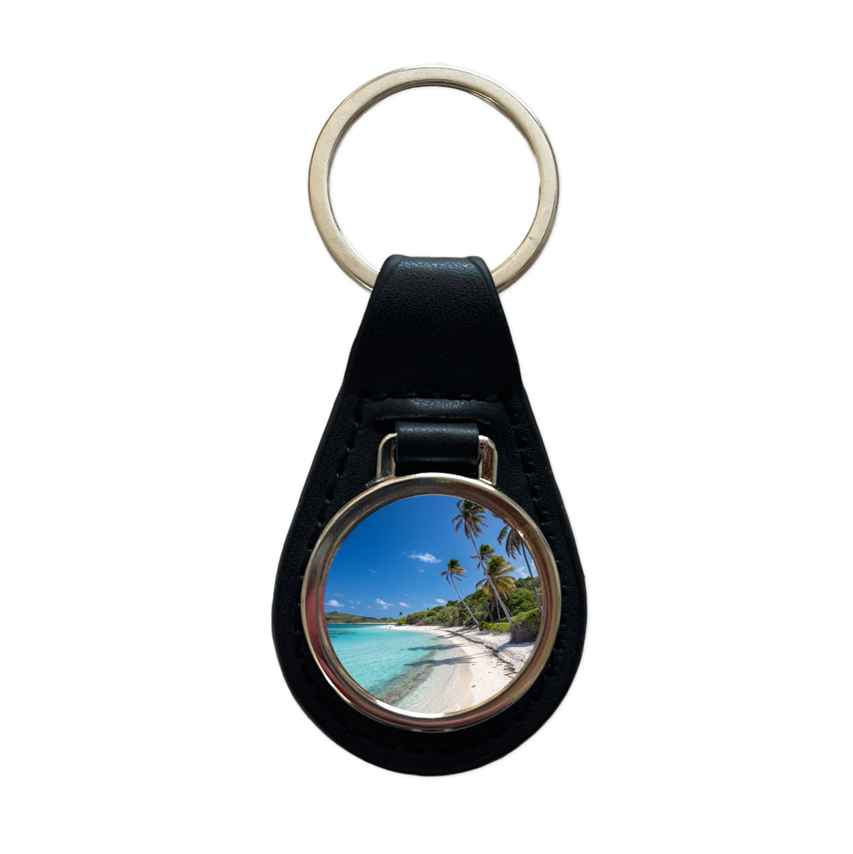 Aruba Tropical Beach Vacation Black Leather Metal Keychain