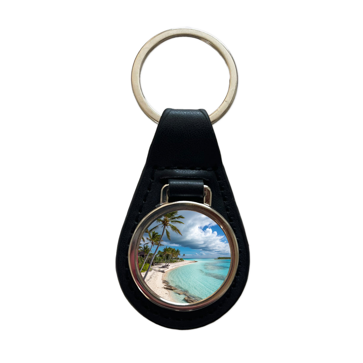 Bahamas Tropical Beach Vacation Black Leather Metal Keychain