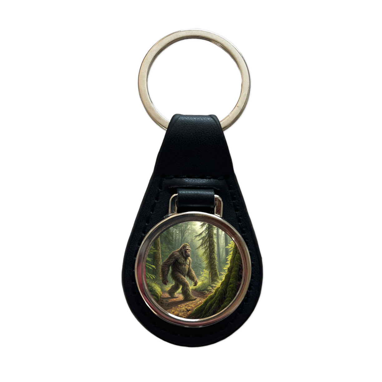 Bigfoot Hiking In Forest Black Leather Metal Keychain