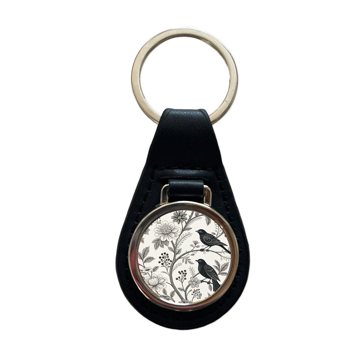 Black On White Toile With Birds Black Leather Metal Keychain