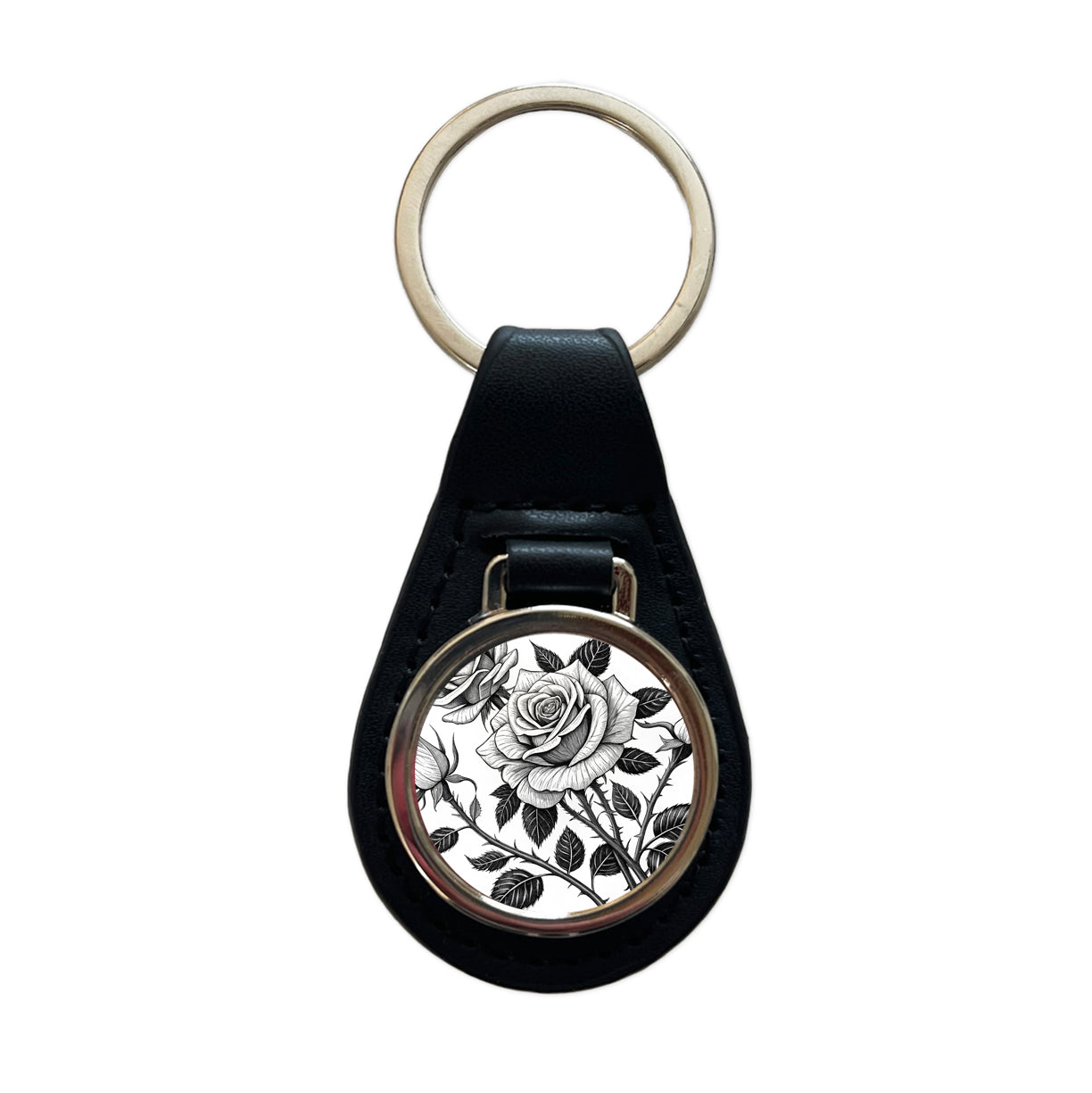 Black White Roses Black Leather Metal Keychain