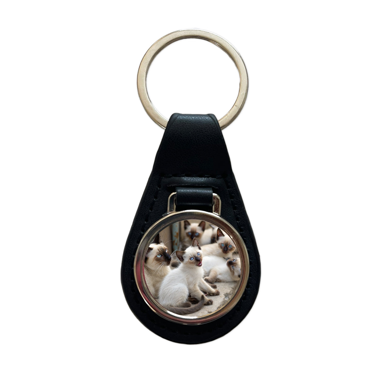 Bunch Of Siamese Cats Black Leather Metal Keychain