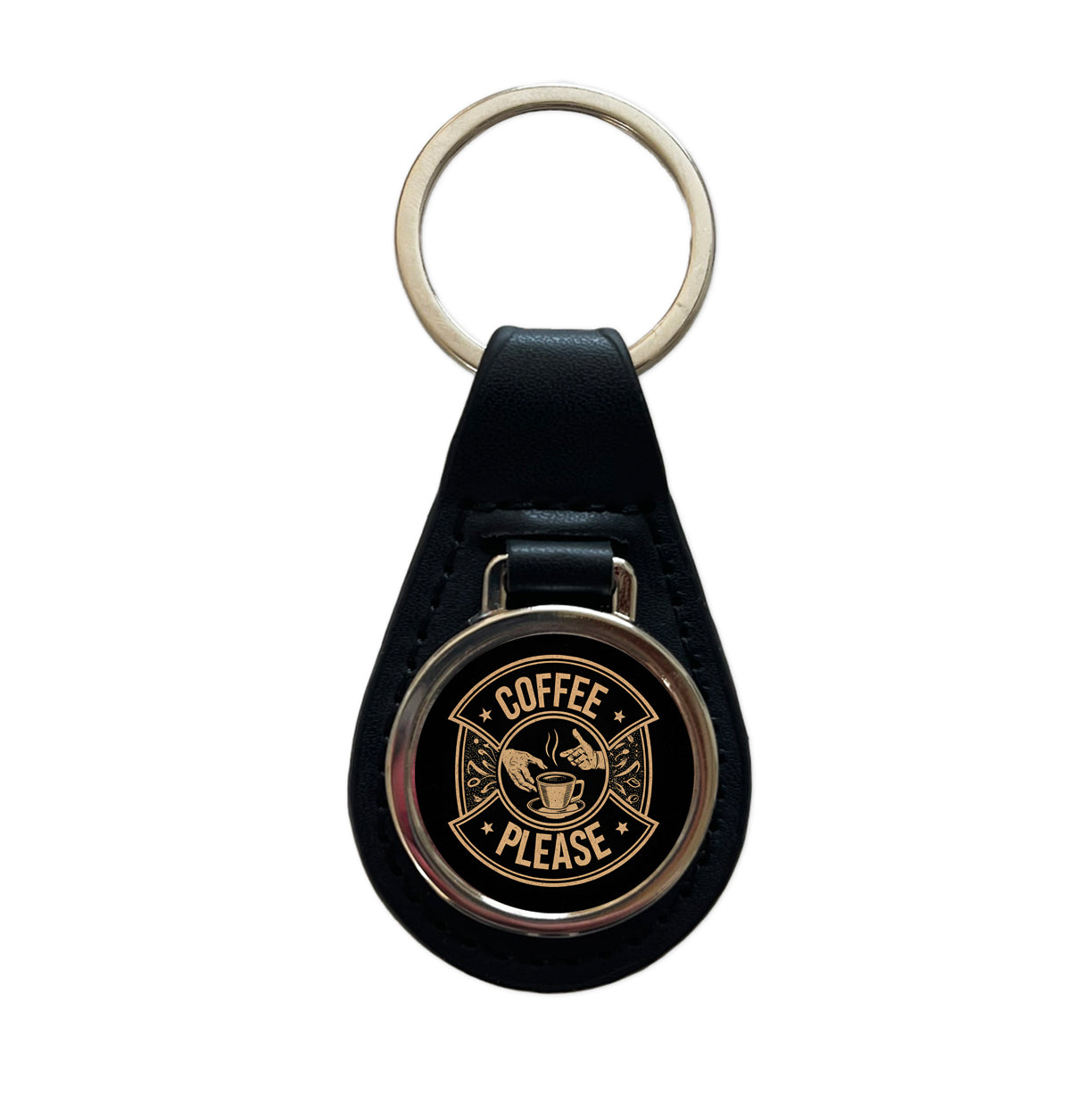 Coffee Please Black Tan Black Leather Metal Keychain