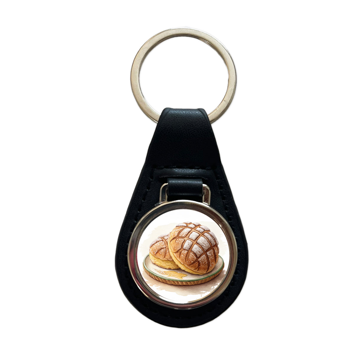 Conchas Pastry Mexican Sweet Bread Black Leather Metal Keychain