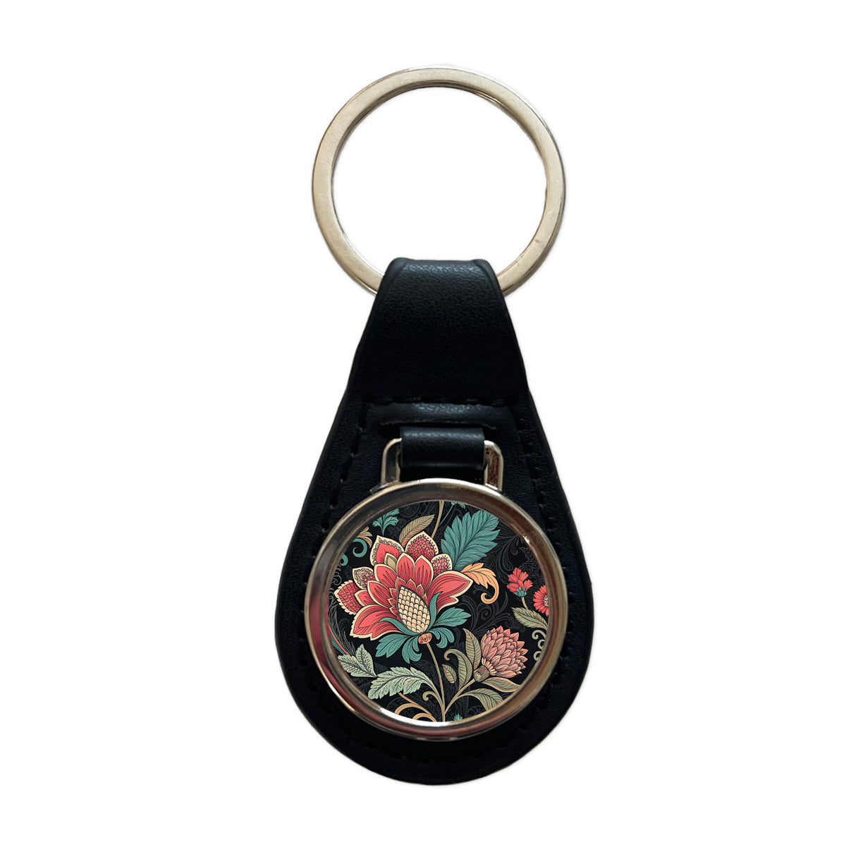 Damask Pretty On Black Black Leather Metal Keychain