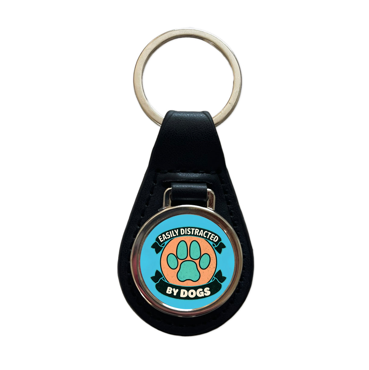 Easily Distracted By Dogs Black Leather Metal Keychain